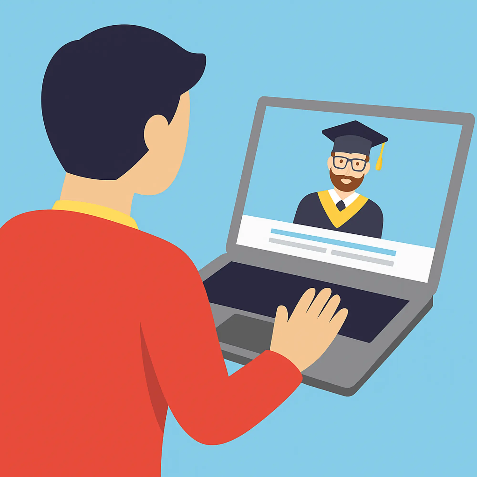 Student taking an Ontario secondary school diploma online course on a laptop with a teacher in graduation cap visible on screen