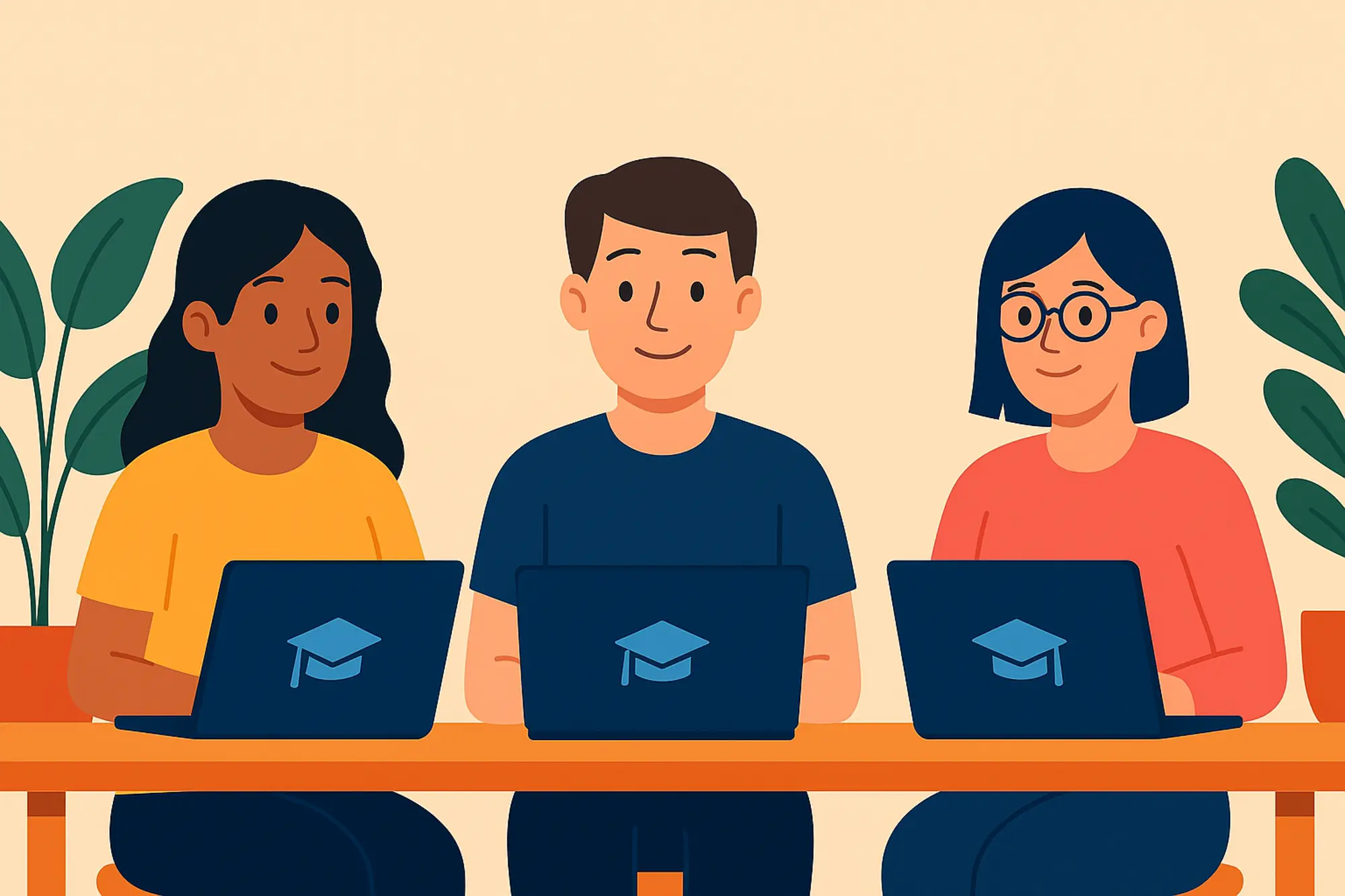 Illustration of diverse students applying to university online on laptops, representing OUAC Group B applicants such as OES learners and adult students