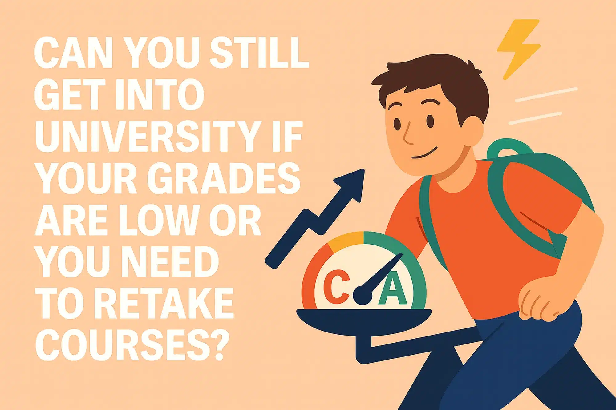 A student running beside a rising grade meter shifting from C to A, symbolizing the question “can you still get into university if your grades are low?"