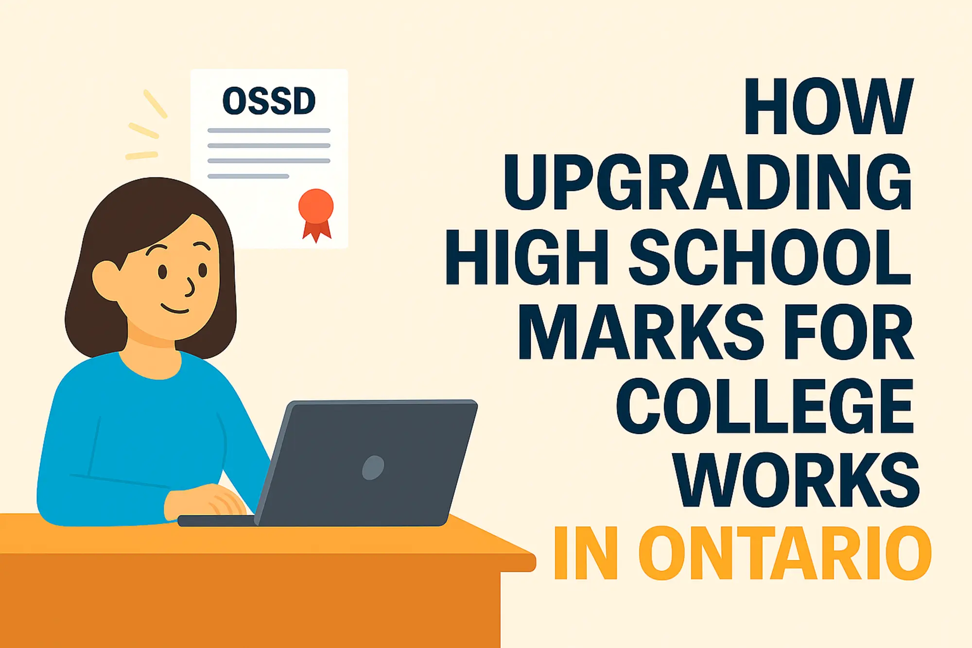 Female student sitting at a desk using a laptop beside an OSSD certificate with the title How Upgrading High School Marks for College Works in Ontario