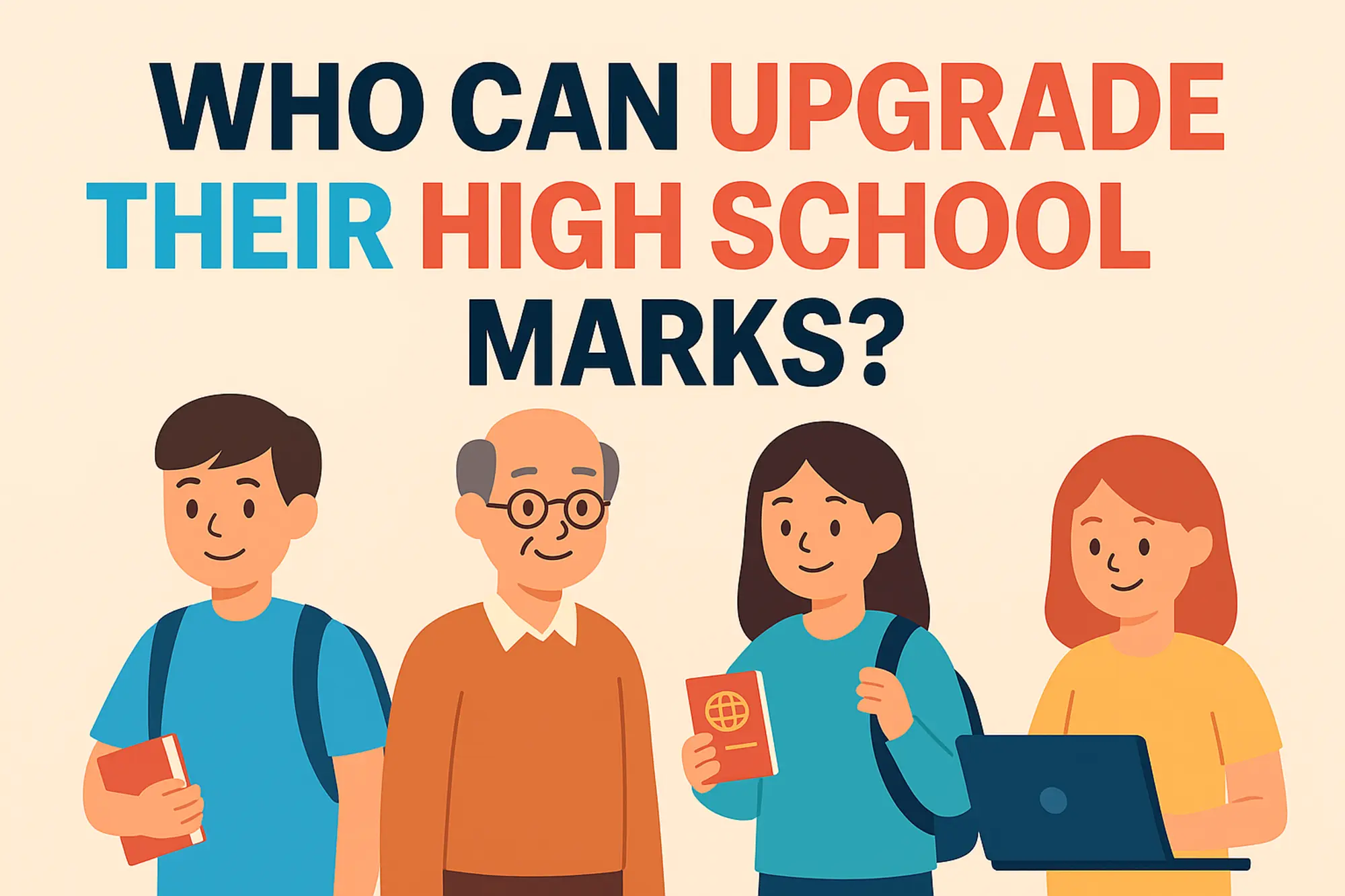 Illustration of diverse students with the title “Who Can Upgrade Their High School Marks-” representing learners discovering how to upgrade high school marks for university through OES