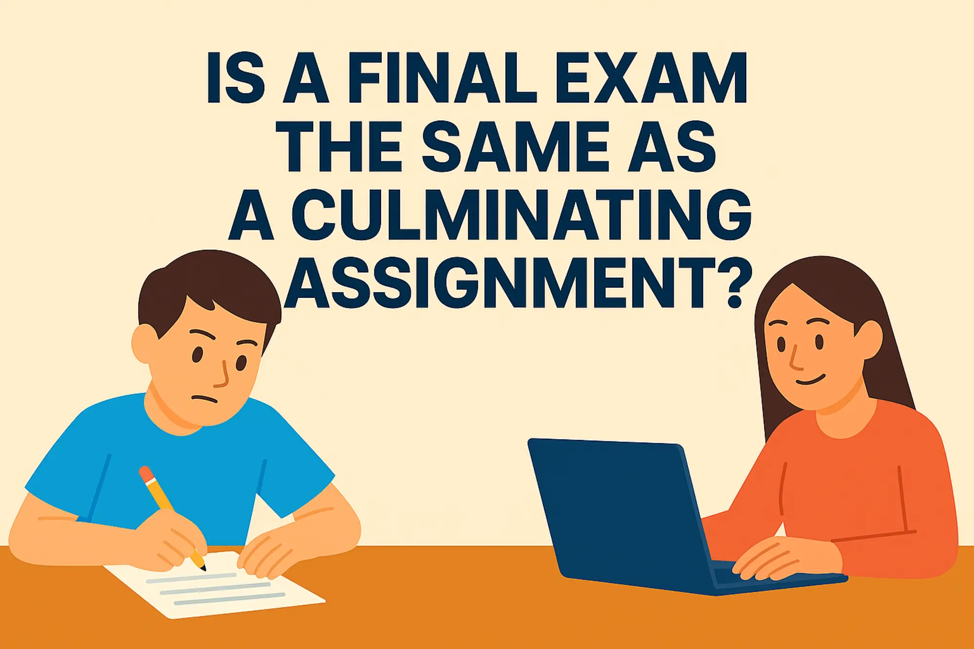 A flat-style illustration showing a student writing a test beside another student working on a laptop, visually comparing a final exam to a culminating assignment to help answer what is a final exam.p